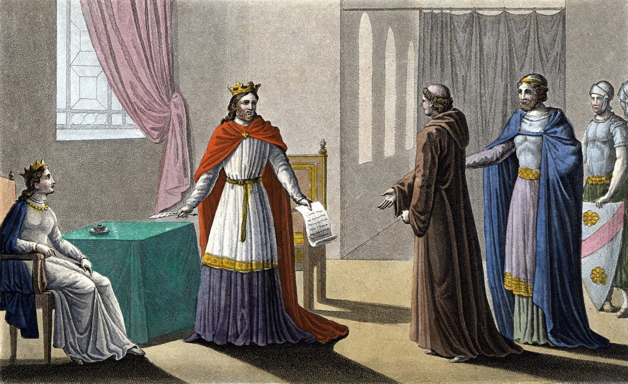VII. Lajos megkezdte a 2. keresztes hadjáratot Saint Bernard de Clairvaux (San Bernardo di Chiaravalle) tanácsára és Suger abbé ellenkezése ellenére, akire távolléte alatt átadta a királyság igazgatását, valamint Aquitánia Alienor királynőjét. alkotó: Ambroise Tardieu