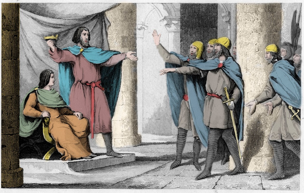 V. Lajos indolens koronáját mutatja meg követőinek 986-ban - Louis V le Faineant (kb. 967-987), akit Hugues Capet oltalmával kikiáltottak Franciaország királyává, aki 986-ban lett Franciaország királya - 1825-ös metszet a „ Histoire de France képviseli szi alkotó: Ambroise Tardieu