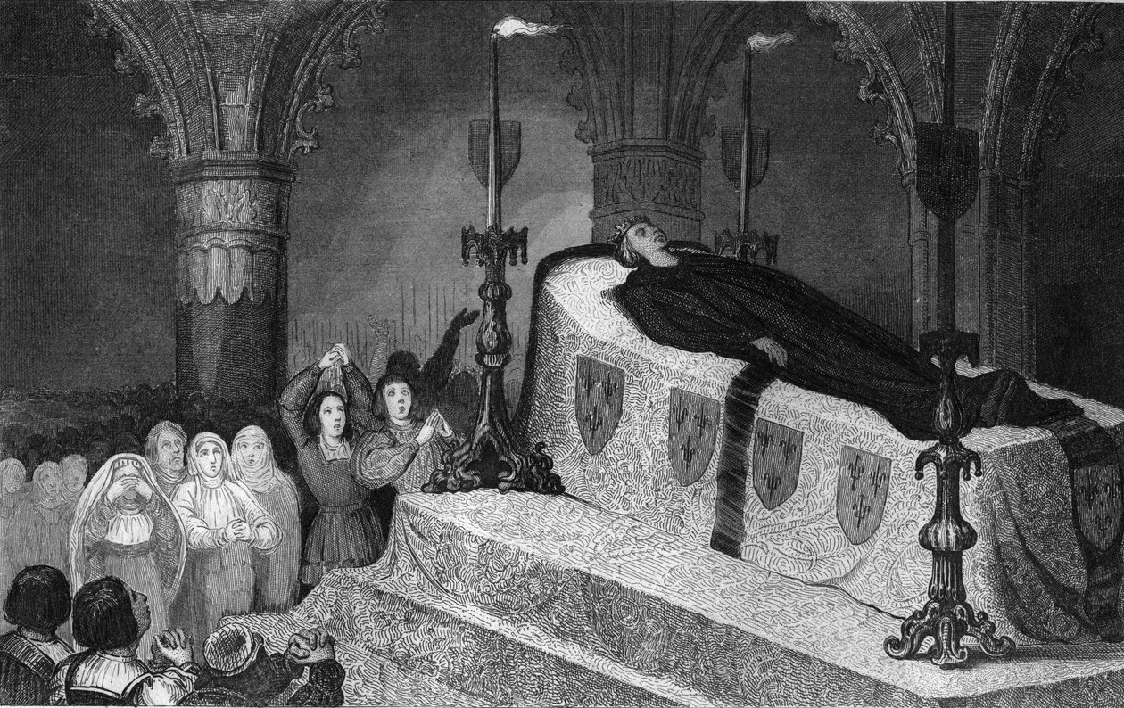 XII. Lajos (1462-1515) A nép atyja a temetésén - XII. Lajos (1462-1515) Pere du Peuple sur son lit de mort - 1825-ös metszet a „Histoire de France-ban, amelyet szinoptikus festmények képviselnek, dediee Franciaország gyermekeinek és alkalmazott az e alkotó: Ambroise Tardieu