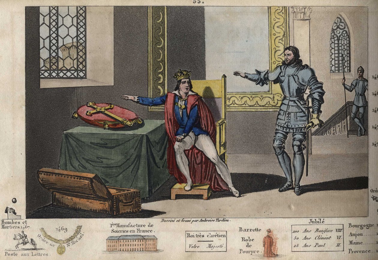 XI. Lajost (1423-1483) Peronne-ban tartják fogságban, és lakásából láthatja azt a tornyot, ahol III. Károly 6 év fogság után meghalt. Csak azután nyerte vissza szabadságát, hogy a Nagy Károly keresztjére esküdött, hogy hűségesen fogja tartani a szerződést alkotó: Ambroise Tardieu