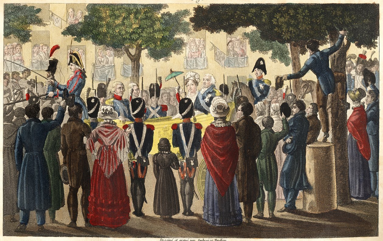 XVIII. Lajost (1755-1824) Condé hadserege királlyá nyilvánította néhány Párizshoz hű alattvaló között 1814-ben (Restaurálás) – Ambroise Tardieu tervezte és metszett 1825-ben. alkotó: Ambroise Tardieu