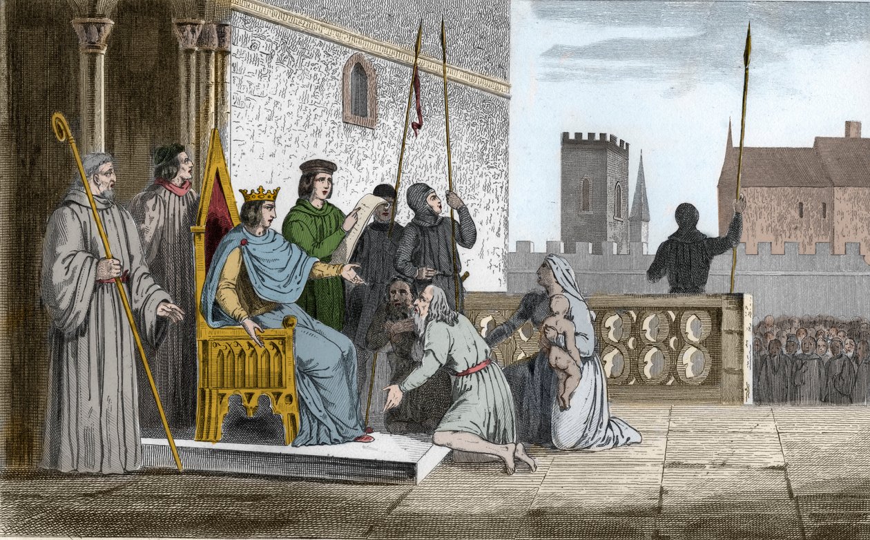 X. Lajos (1289-1316) a huncut felszabadítja a jobbágyokat - X. Lajos dit "" Le Hutin" (1289-1316), a Capetians dinasztiája, akiről úgy tartják, hogy kiszabadította királyságának összes jobbágyát, akiket szabadságuk megváltására kényszerített - Metszet 1825 alkotó: Ambroise Tardieu