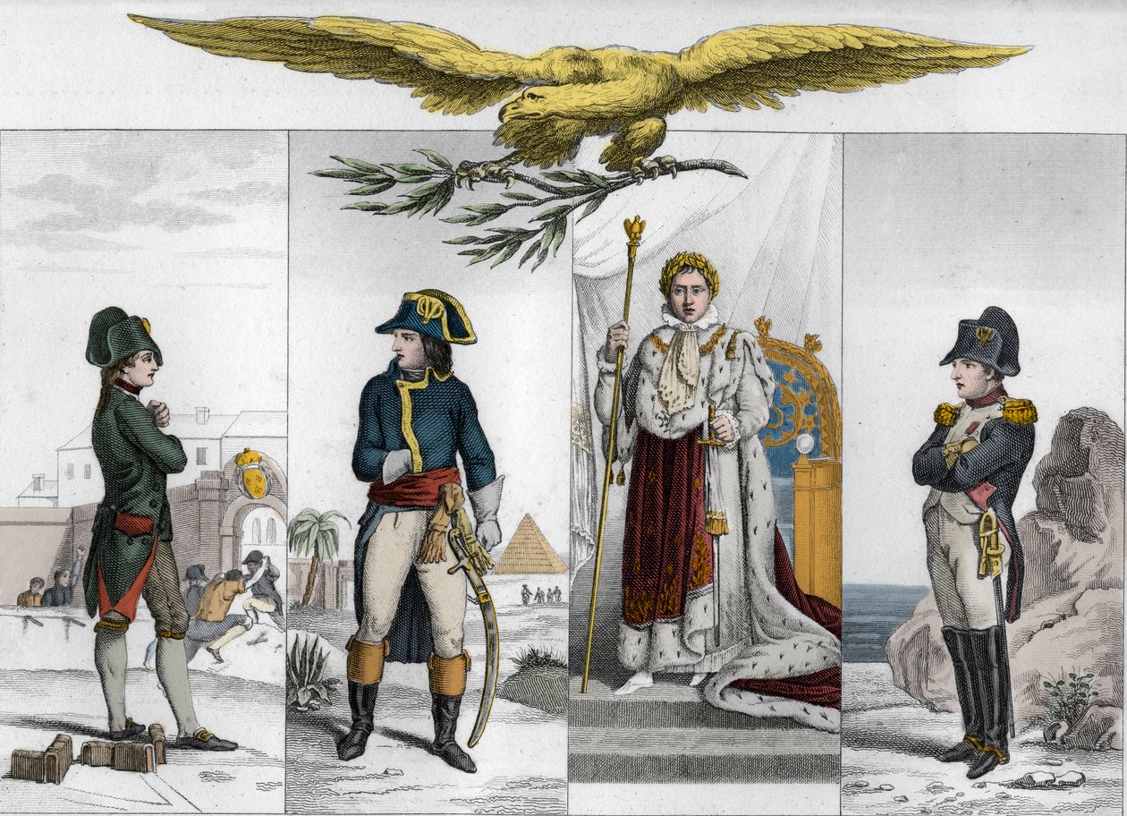 Napóleon Bonaparte (1769-1821) életének négy szakaszában - Napóleon Bonaparte (1769-1821) élete különböző időszakaiban - Metszet 1825-ből a "Histoire de France-ban, amelyet Franciaország gyermekeinek szentelt szinoptikus festmények képviselnek, és a gyerme alkotó: Ambroise Tardieu