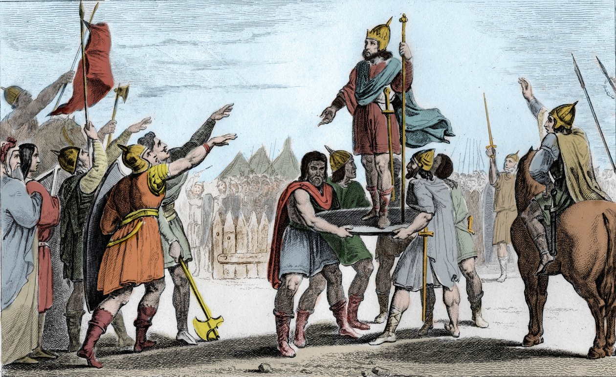 I. Faramond (c370-427), a frankok királya. Pajzsra emelte népe, aki királlyá választotta - a frank-szaliánusok és az egy népben újra egyesült gallok által elismert Pharamond pajzsra emelkedik, és diadalmasan körbejárja a tábort - Legen alkotó: Ambroise Tardieu