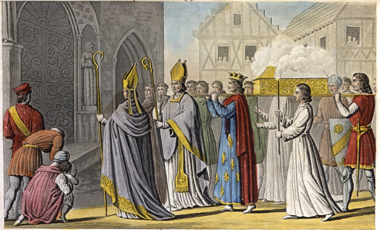 III. Fülöp ünnepélyes szolgálatot teljesített a Notre-Dame-nak, és gyalog vitte a koporsót Saint-Denis-be, amely Saint-Louis törzsét és csontjait tartalmazta, a húst és a beleket a szicíliai Palermo melletti sírba helyezték – III. Fülöp uralkodása Franciao alkotó: Ambroise Tardieu