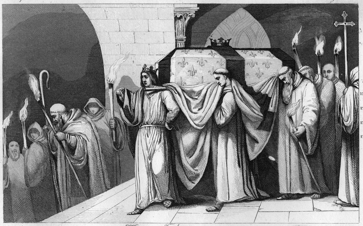 III. Merész Fülöp (1245-1285) segít bevinni apja koporsóját a Szent Dénes-bazilikába 1271-ben – Hardi III. Fülöp apja IX. Lajos (Szent Lajos) ereklyéit a Szent Dénes-bazilikába, a királyok nekropoliszába szállítja. 1271 - Metszet alkotó: Ambroise Tardieu