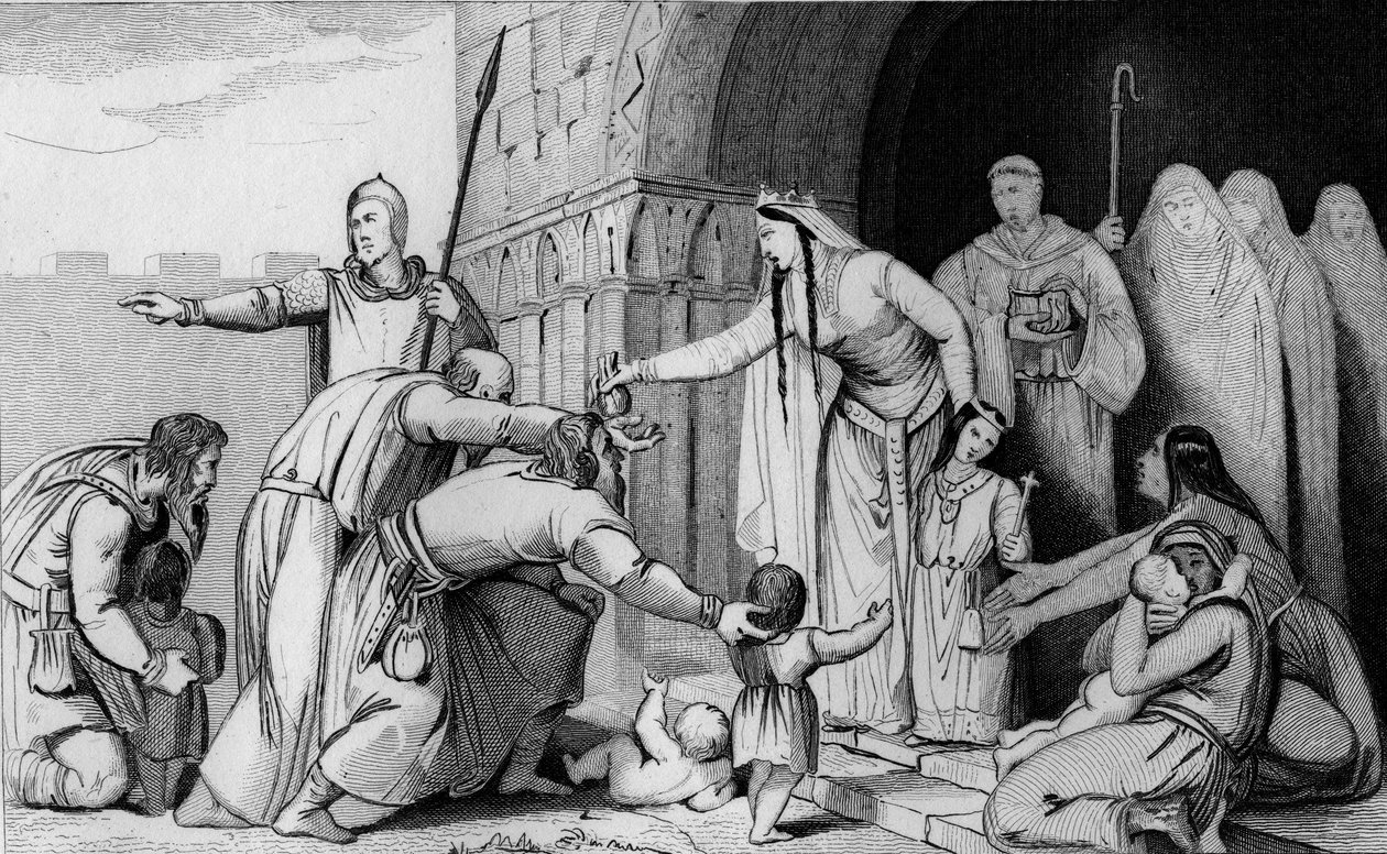 Bathild királynő 626 vagy 627-680 pénzt ad a szegényeknek - Batilde (vagy Bathilde, II. Klovisz felesége) eltörli a gallok fejével fizetett adót, kicsiket és nagyokat, és úgy találja, hogy néhány szülő, aki túl szegény ahhoz, hogy fizessen, hagyja meghalni alkotó: Ambroise Tardieu