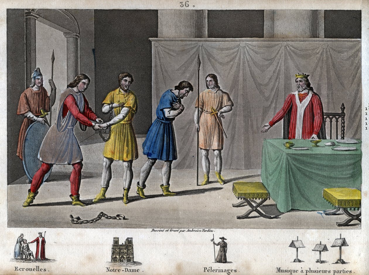 II. Róbert, a jámbor (970 - 1031) összeesküvőket bocsát ki – a „Jámbor” (972-1031) néven ismert Róbertet, a Capetian dinasztiát. Tudva, hogy két összeesküvőt halálra ítéltek, elbeszélgette őket, szépen bántak velük, és visszatért a szabadságba. alkotó: Ambroise Tardieu
