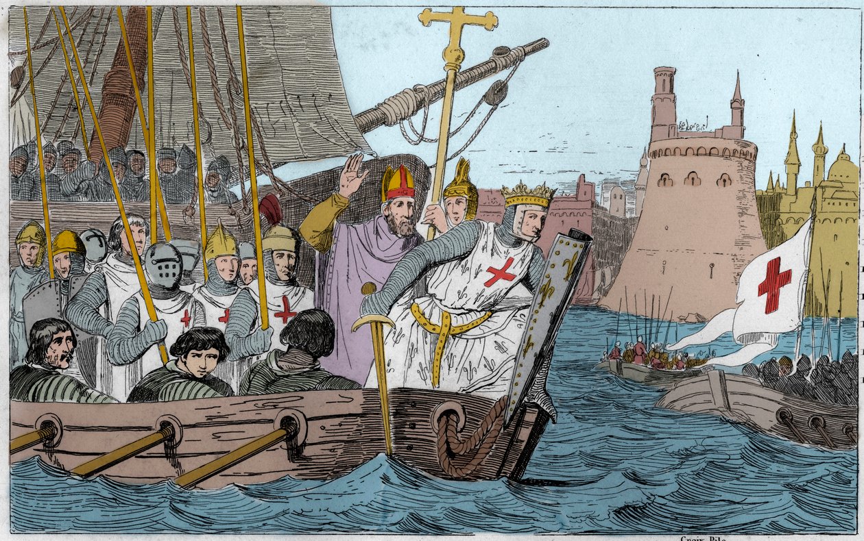 Hetedik keresztes hadjárat: Szent Lajos király (1214-1270) és a Damiette-et ostromló keresztes hadjáratok 1249 júniusában Alsó-Egyiptomban - Hetedik keresztes hadjárat a Szentföldre 1248-50 - IX. Szent Lajos (1214-70) csatában vezeti csapatait - 1825-ös me alkotó: Ambroise Tardieu