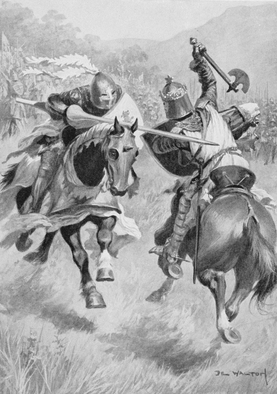 Robert Bruce (1274-1329) és Sir Henry de Bohun (1276-1322) találkozása a Brit Battles on szárazföldön és tengeren című illusztrációja, amelyet Sir Evelyn Wood (1838-1919) szerkesztett, először 1915-ben jelent meg (színes litó) alkotó: Ambrose de Walton