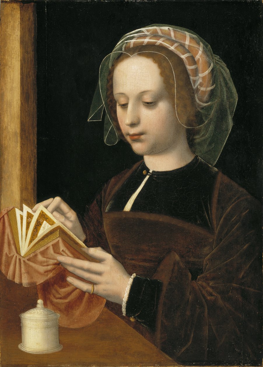 Marie Madeleine lisant – Mária Magdolna olvasása, Benson, Ambrosius (1495-1550). Olaj, fa. Mérete: 49x35 cm. Nemzeti Múzeum Stockholm alkotó: Ambrosius Benson