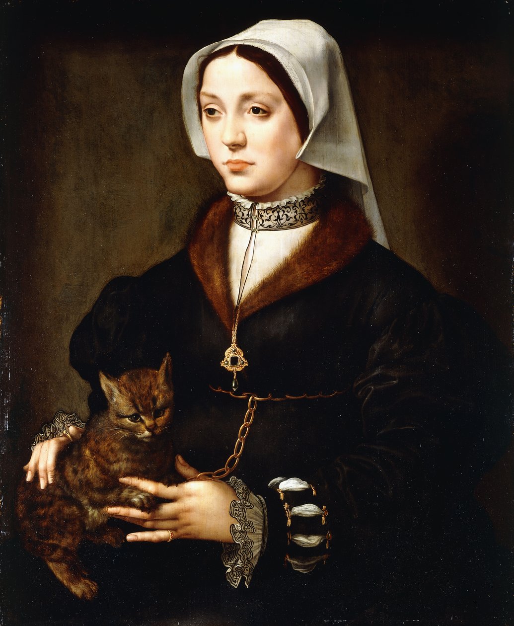 Háromnegyed hosszú, sötét jelmezt viselő hölgy portréja, kezében macskával alkotó: Ambrosius Benson
