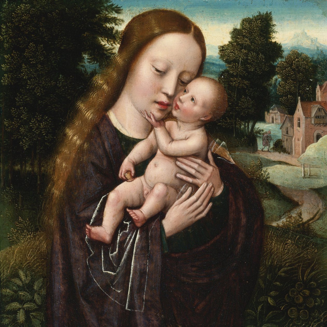 Szűz és gyermek – Ambrosius Benson (1495-1550). Olaj, fa. Mérete: 14,5x14,5 cm. Magángyűjtemény alkotó: Ambrosius Benson