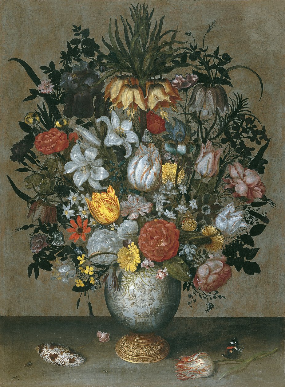 Kínai váza virágokkal, kagylókkal és rovarokkal alkotó: Ambrosius Bosschaert the Elder