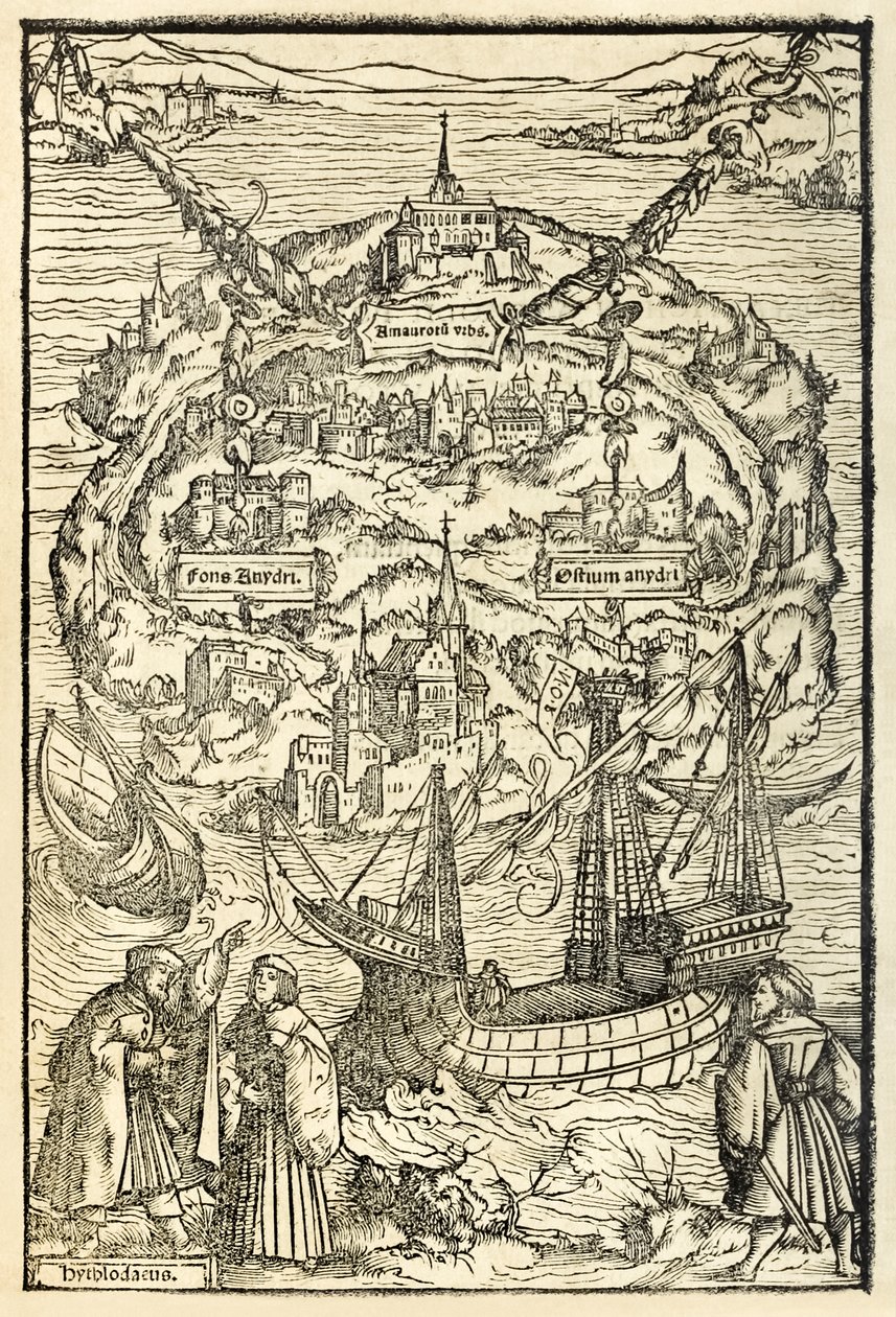 Az utópia új szigetének térképe Sir Thomas More (1478-1535) Utópia 1518-as kiadásából, először 1516-ban jelent meg. Ambrosius Holbein (kb. 1494-kb. 1519) fametszete a sziget főszereplőivel alkotó: Ambrosius Holbein