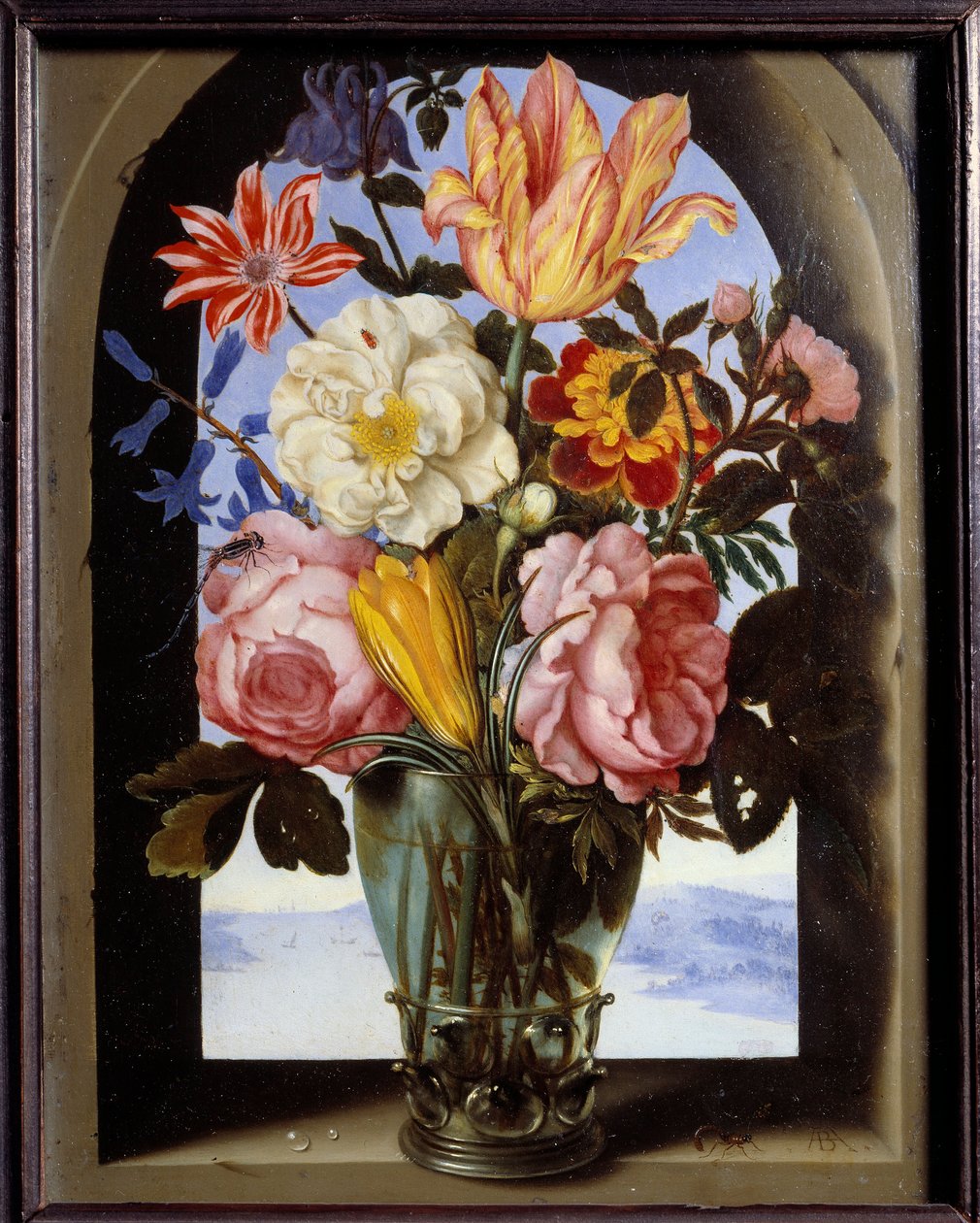 Tájra nyíló virágcsokor kőkeretben Ambrosius Bosschaert (1573-1621) festménye alkotó: Ambrosius the Elder Bosschaert