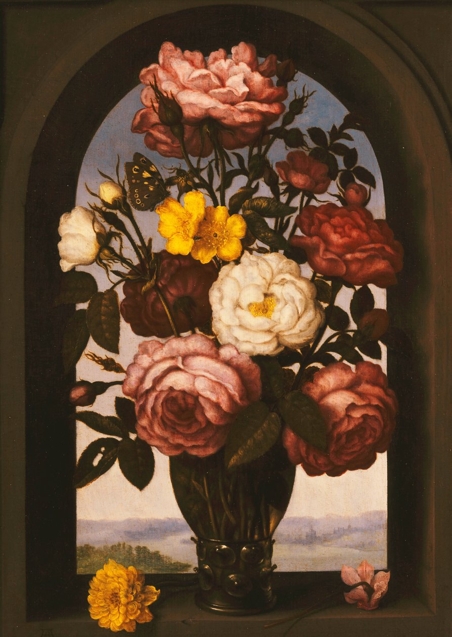 Rózsa egy roemerben turbános boglárral és egy kocakenyérrel a szekrényben, egy folyón túl, alkotó: Ambrosius the Elder Bosschaert
