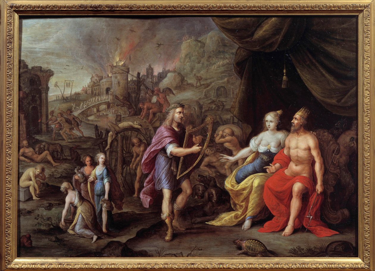 Orphee képviselete az alvilágban Orphee lírájával engedélyt kér Zeusztól, hogy csatlakozzon Eurydice-hez az alvilágban. Ambrosius Francken (1544-1618) festménye 17. századi Nimes, Szépművészeti Múzeum. alkotó: Ambrosius the Elder Francken or Franck