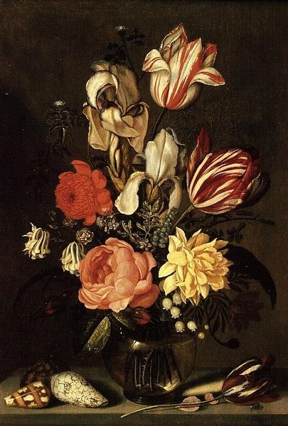 Vegyes virágok a párkányon kagylókkal és légy alkotó: Ambrosius the Younger Bosschaert