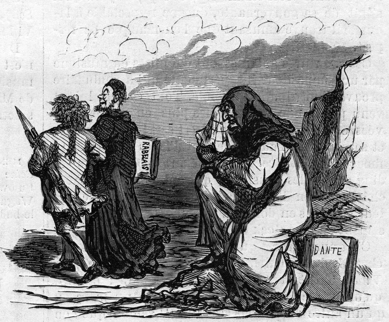 Szegény Dante sírni kezd, amikor meglátja Gustave Dore-t karba-karolva azzal a kis Rabelais emberrel. Cham rajzfilmje. Metszet a „” Le Monde Illustré”” 821. számban, január 4 alkotó: Amédée de Noé