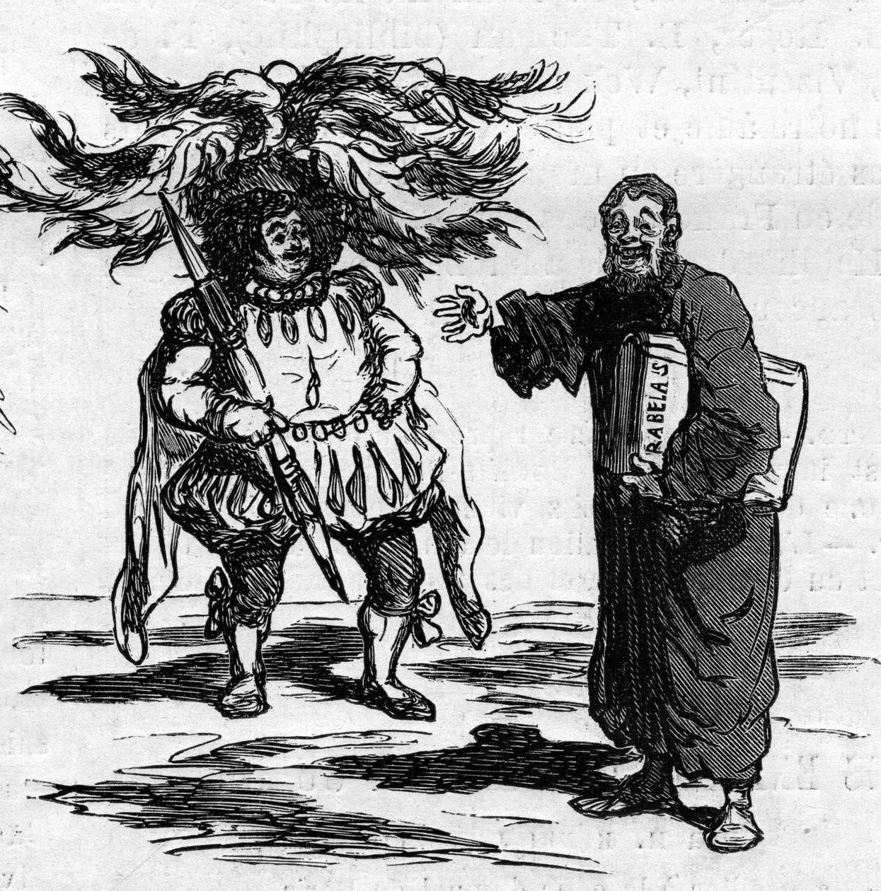 Rabelais öröme, amikor Gustave Dore-t látja, teljesen azonosul az író embereivel. Cham rajzfilmje. Metszet a „” Le Monde Illustré”” 821. számban, január 4 alkotó: Amédée de Noé