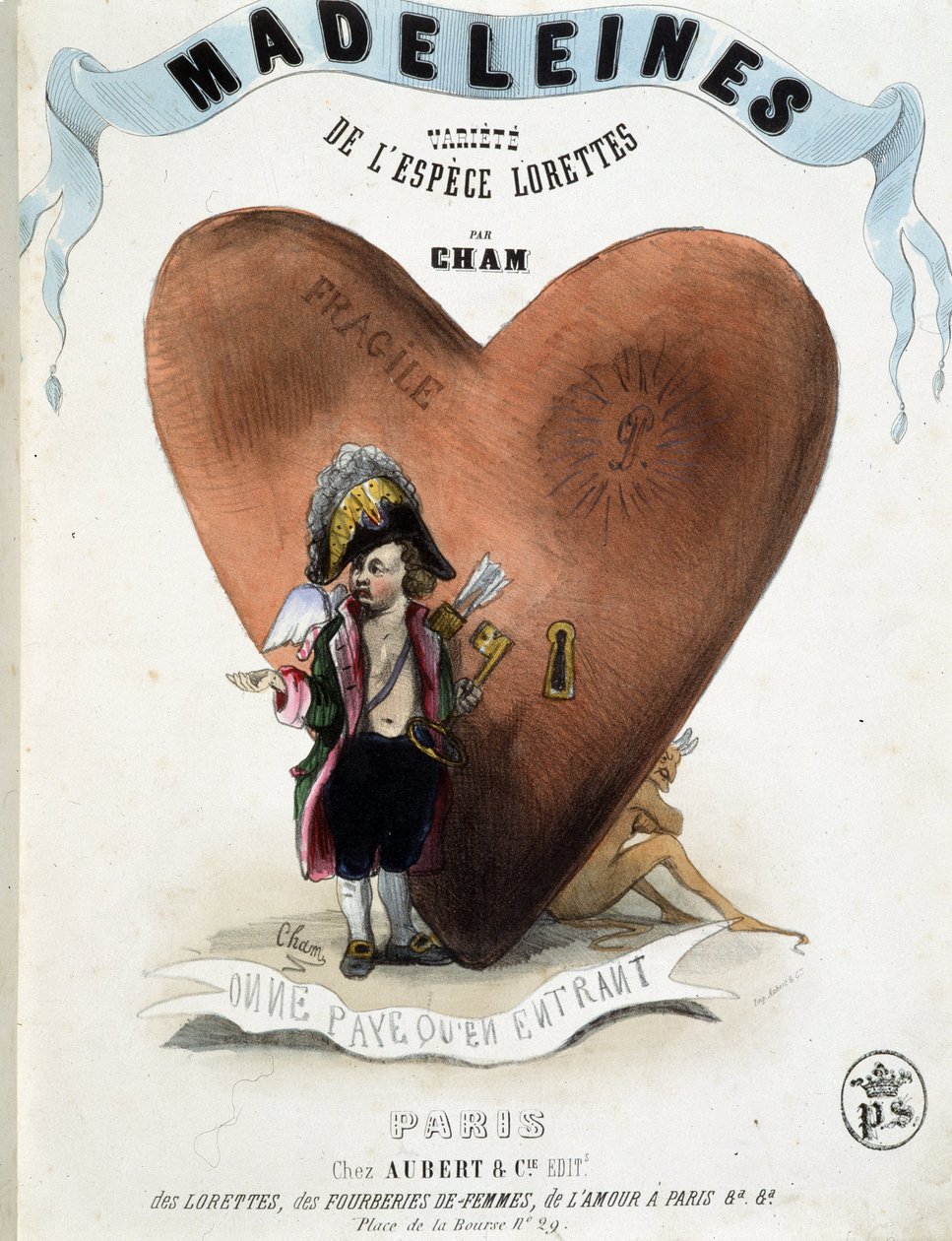 Csak belépéskor kell fizetni (Amor (Eros) karikatúrája egy ördögöt rejtő szív előtt) – Cham „” Madeleines” című művében, 1870-1880. alkotó: Amédée de Noé