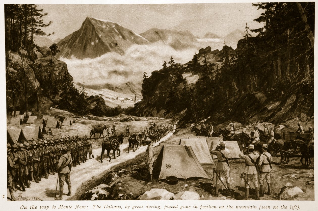 Útban Monte Nero felé: Az olaszok nagy merészségből fegyvereket helyeztek el a hegyen, 1914-1919 alkotó: Amedee Forestier