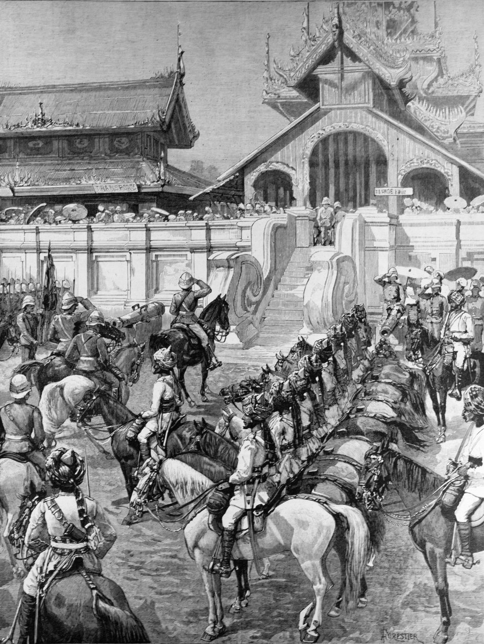 Csapataink Burmah-ban: F. Roberts tábornok fogadása Mandalay-ben a palota keleti kapujánál, a „The Illustrated London News”-ból, 1887. január 8. alkotó: Amedee Forestier