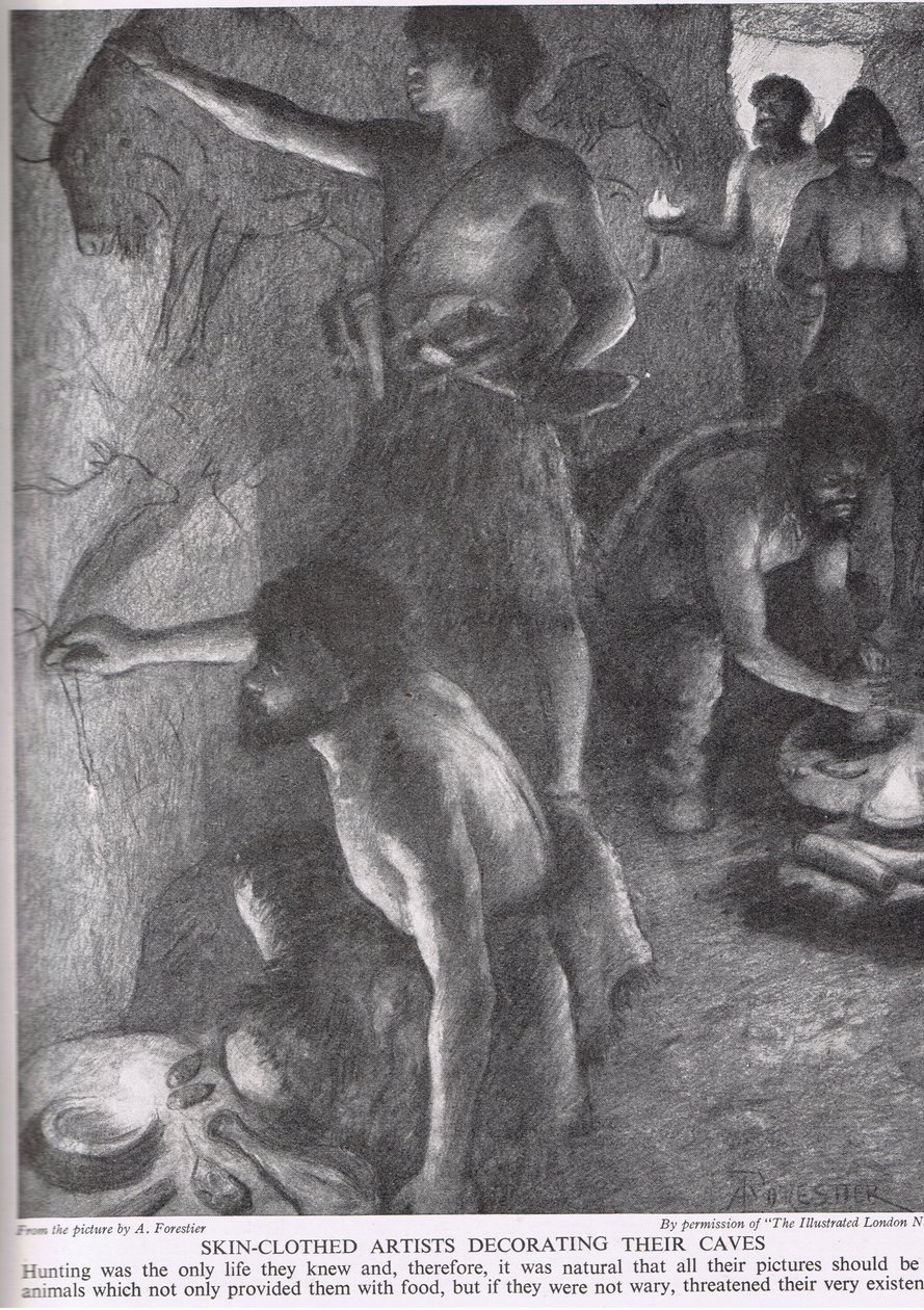 Bőrbe öltözött művészek díszítik barlangjaikat, illusztráció a "The Story of the British People" című könyvből, 1950 körül. alkotó: Amedee Forestier