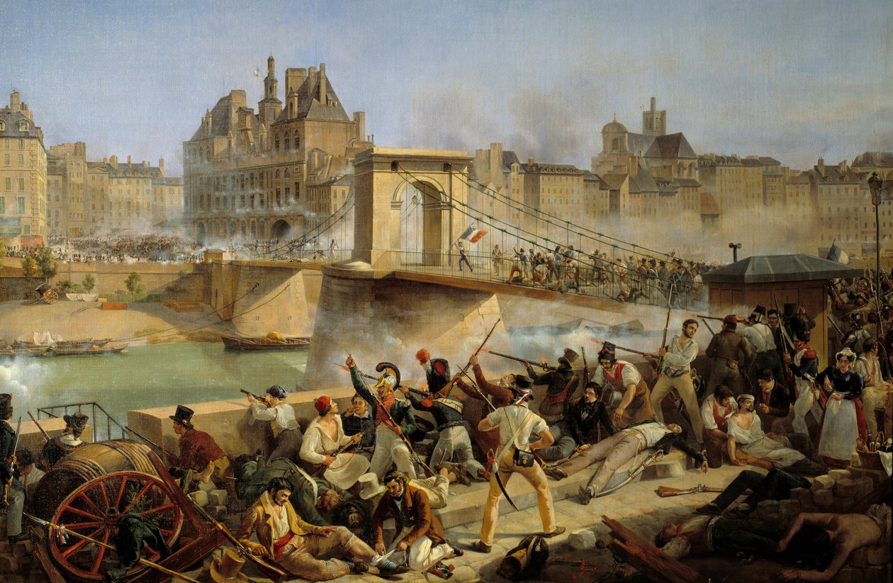 1830-as forradalom, július napja: támadás a Hotel de Ville de Paris ellen és harc az Arcole hídon, 1830. július 28. (olaj, vászon) alkotó: Amédée Bourgeois