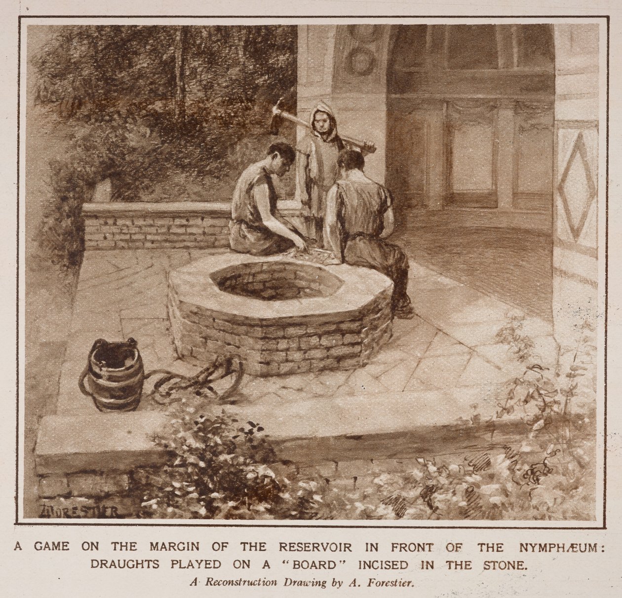Egy játék a Nymphaeum előtti víztározó peremén, az Illustrated London News „The Country Life of the Romans in England” című cikkéből alkotó: Amedee Forestier