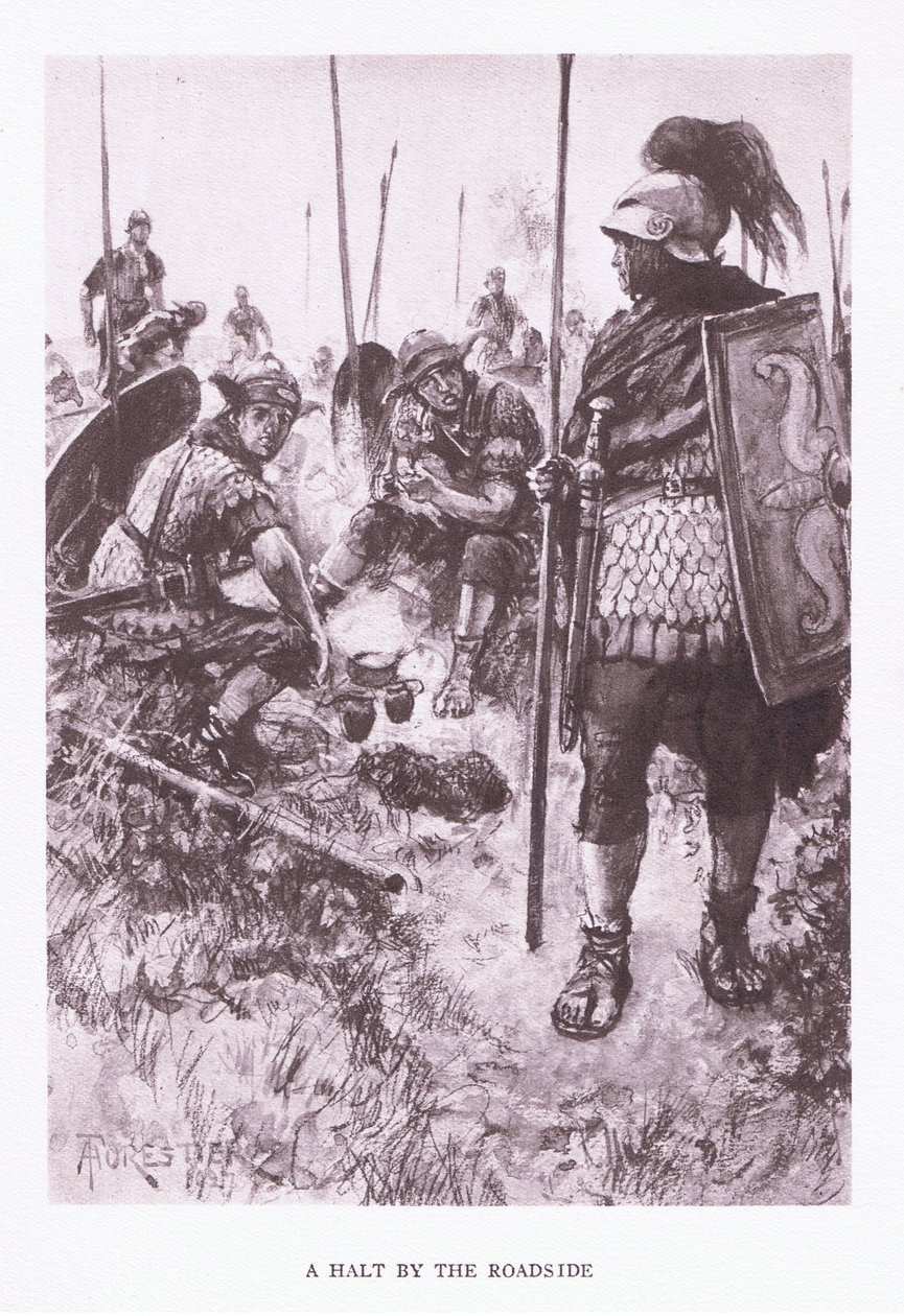 Megálló az út mellett, illusztráció A római katona, 1928-ból alkotó: Amedee Forestier