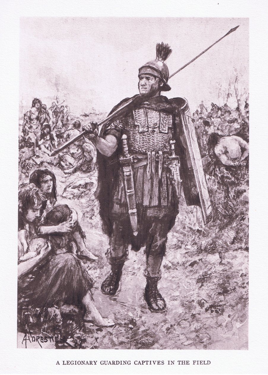 Egy légiós, aki foglyokat őriz egy mezőn, illusztráció: A római katona, 1928 alkotó: Amedee Forestier