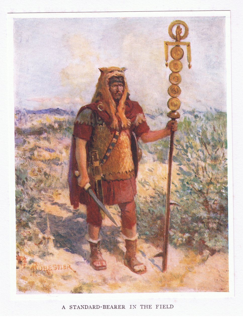 Egy zászlótartó a terepen, illusztráció A római katona, 1928-ból alkotó: Amedee Forestier