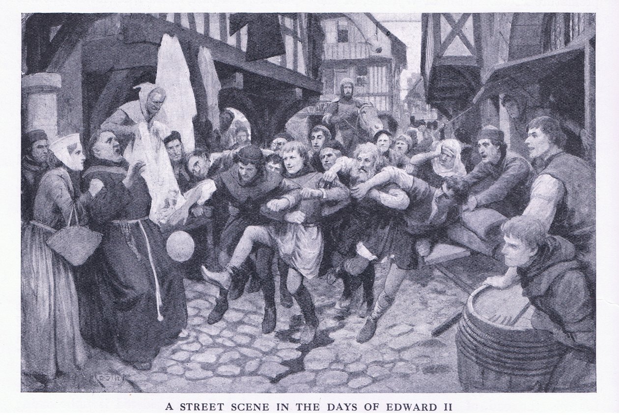 Utcai jelenet II. Edward korában, a Cassells History of the British People című könyvéből, amelyet a Waverley Book Company Limited adott ki, 1940 körül alkotó: Amedee Forestier