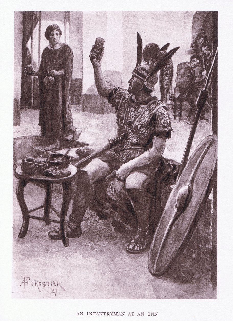 Gyalogos egy fogadóban, illusztráció A római katona, 1928-ból alkotó: Amedee Forestier