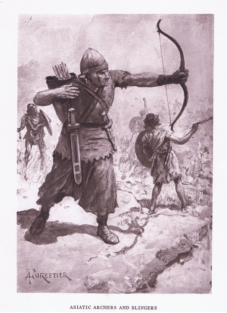 Ázsiai íjászok és parittyázók, illusztráció: A római katona, 1928 alkotó: Amedee Forestier