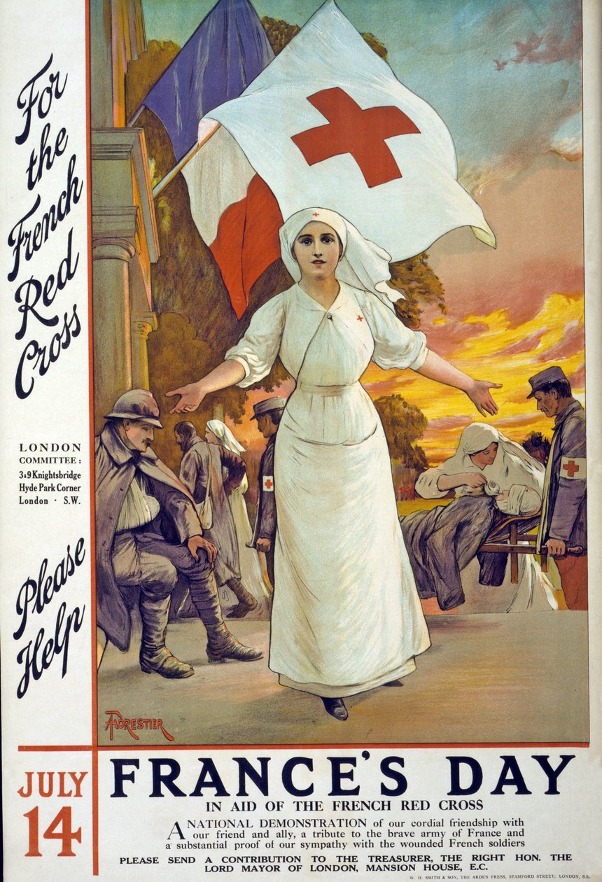 Adománygyűjtő felhívás a Francia Vöröskereszt támogatására a Franciaország Napján, július 14-én, kocsma. London, 1915 körül alkotó: Amedee Forestier