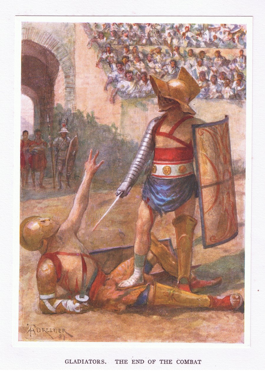 Gladiátorok, a harc vége, illusztráció a Római katonából, 1928 alkotó: Amedee Forestier