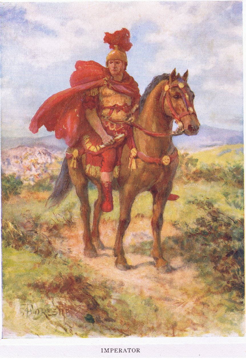 Imperator: eredetileg itt volt, a győztes római hadvezért katonái köszöntötték a mezőn. Később a címet csak a császároknak tartották fenn, illusztráció A római katona, 1928-ból (colou alkotó: Amedee Forestier