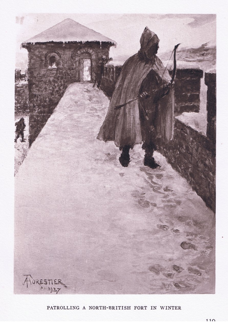 Télen járőrözik egy észak-britanniai erődben, illusztráció a Római katonából, 1928 alkotó: Amedee Forestier