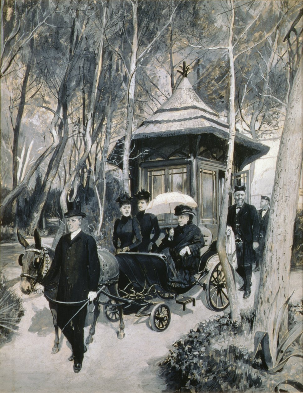Viktória királynő öszvér hintón ül, John Brown részvételével (grisaille) alkotó: Amedee Forestier