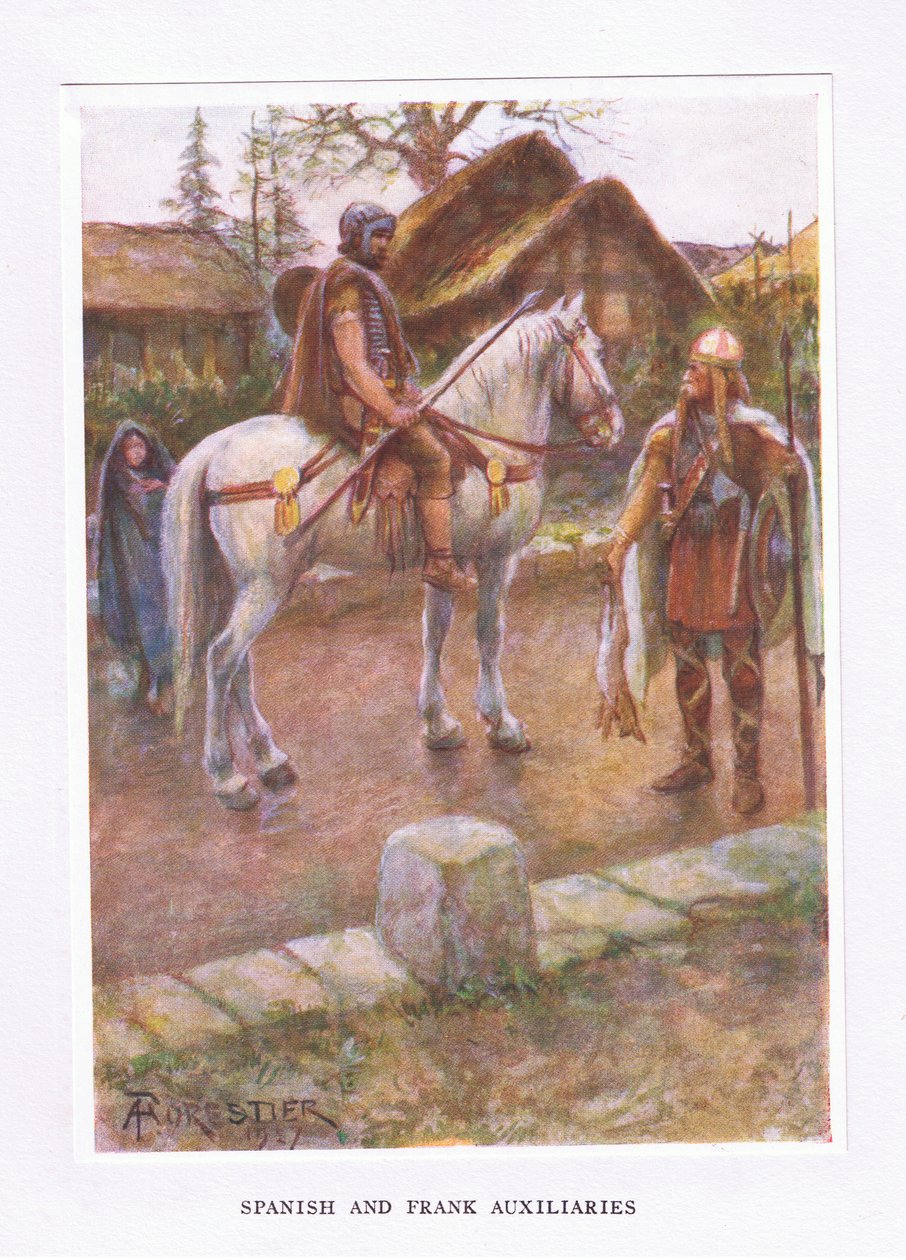Spanyol és frank segédcsapatok, illusztráció A római katona, 1928-ból alkotó: Amedee Forestier