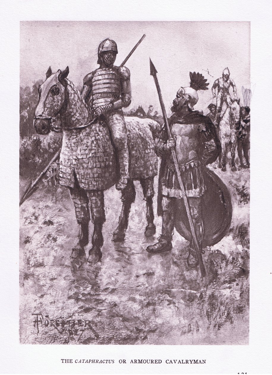 A Cataphractus vagy páncélos lovas, illusztráció A római katona című filmből, 1928 alkotó: Amedee Forestier