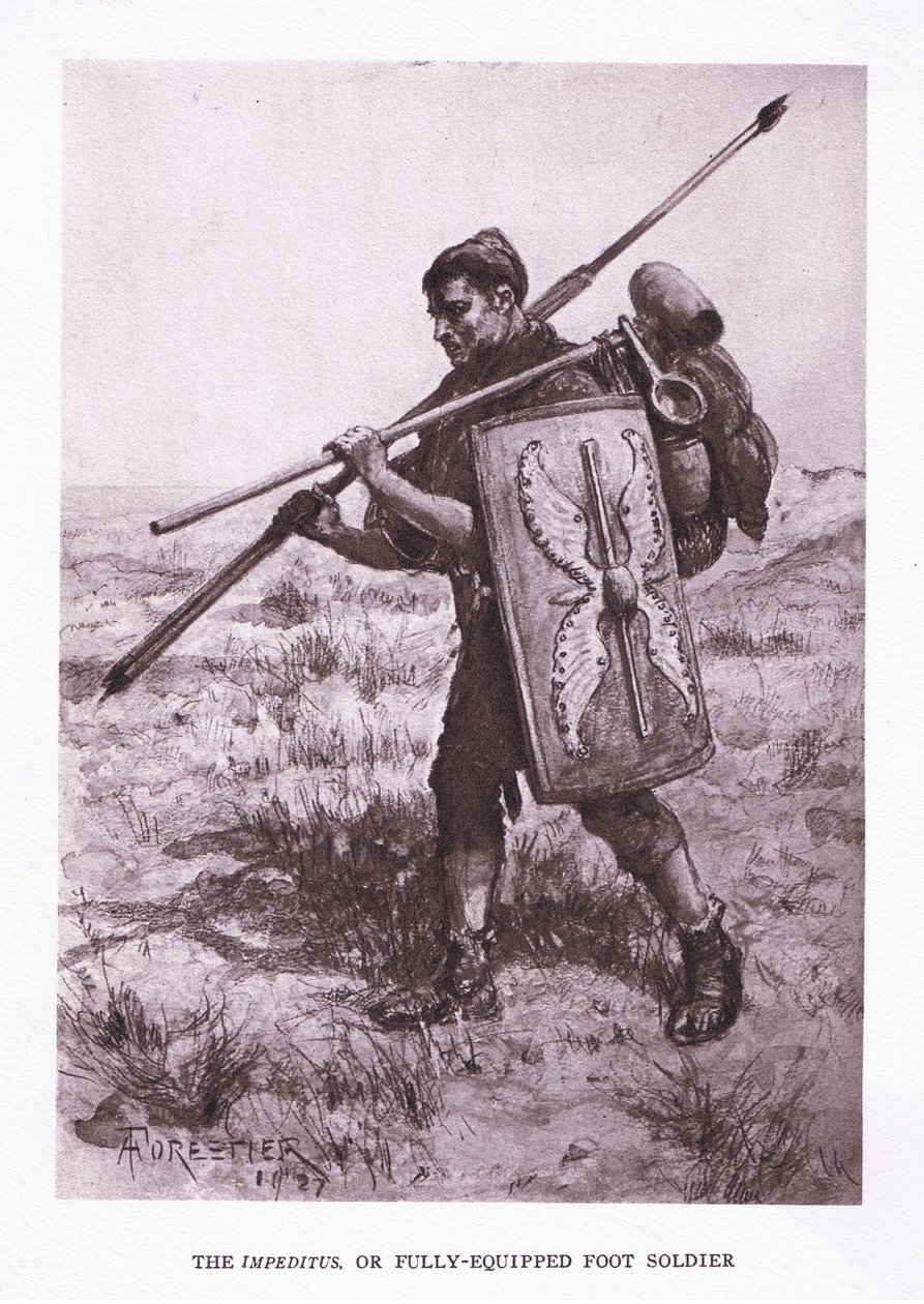 Az Impeditus vagy teljesen felszerelt gyalogos katona, illusztráció A római katona, 1928-ból alkotó: Amedee Forestier