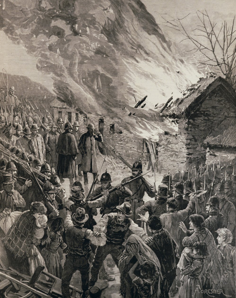 The Rent War in Ireland: Burning the Houses of Evicted Benants Glenbeigh, County Derry, The Illustrated London News, 1887. január 29. alkotó: Amedee Forestier