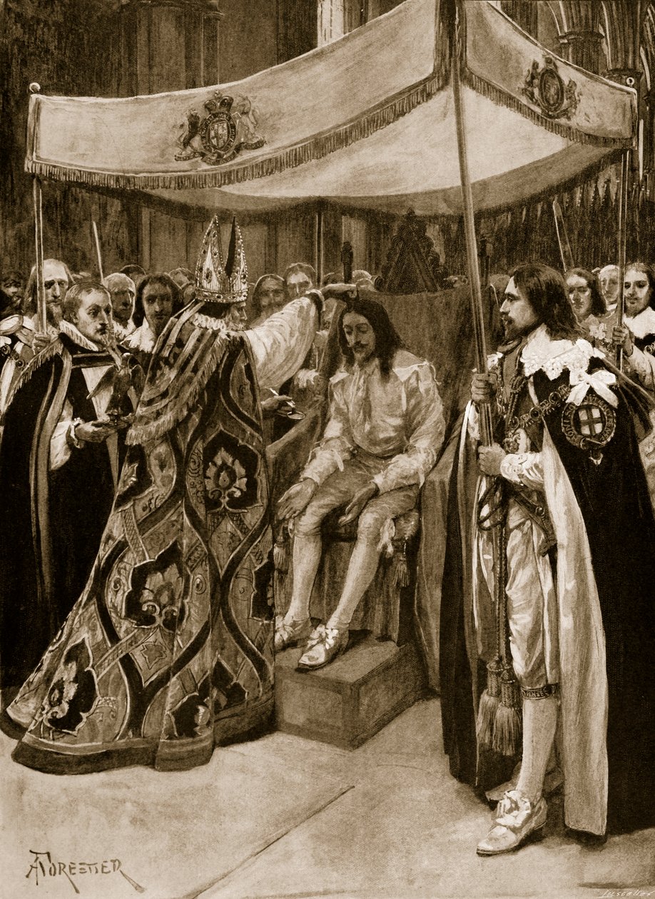 I. Károly felkenése George Abbot, Canterbury érseke által a westminsteri apátságban, 1626-ban a gyertyaszentelő napján, a „The Illustrated London News”-ból, 1902 alkotó: Amedee Forestier
