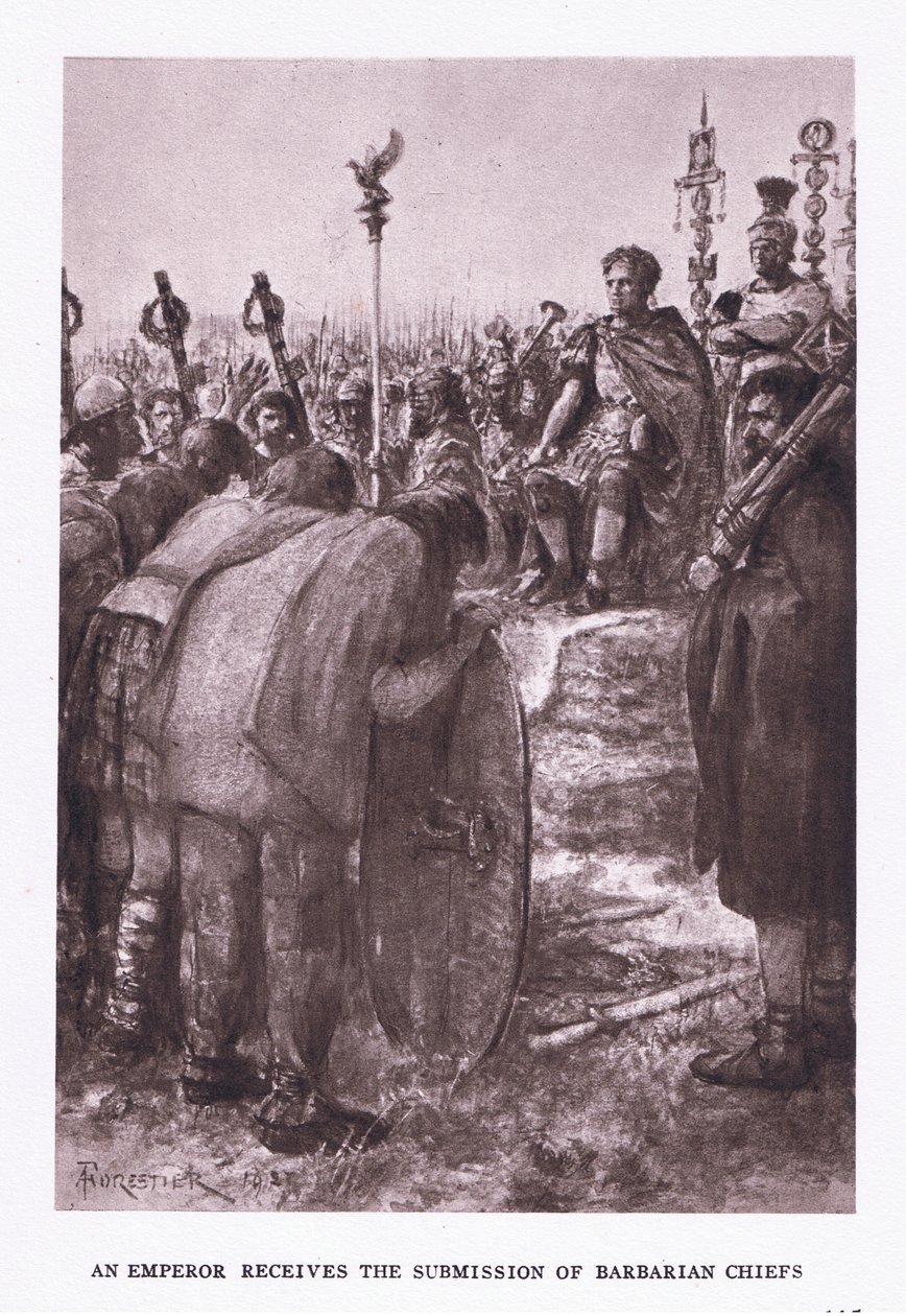 A császár megkapja a barbár főnökök beadványát, illusztráció a római katonától, 1928 alkotó: Amedee Forestier