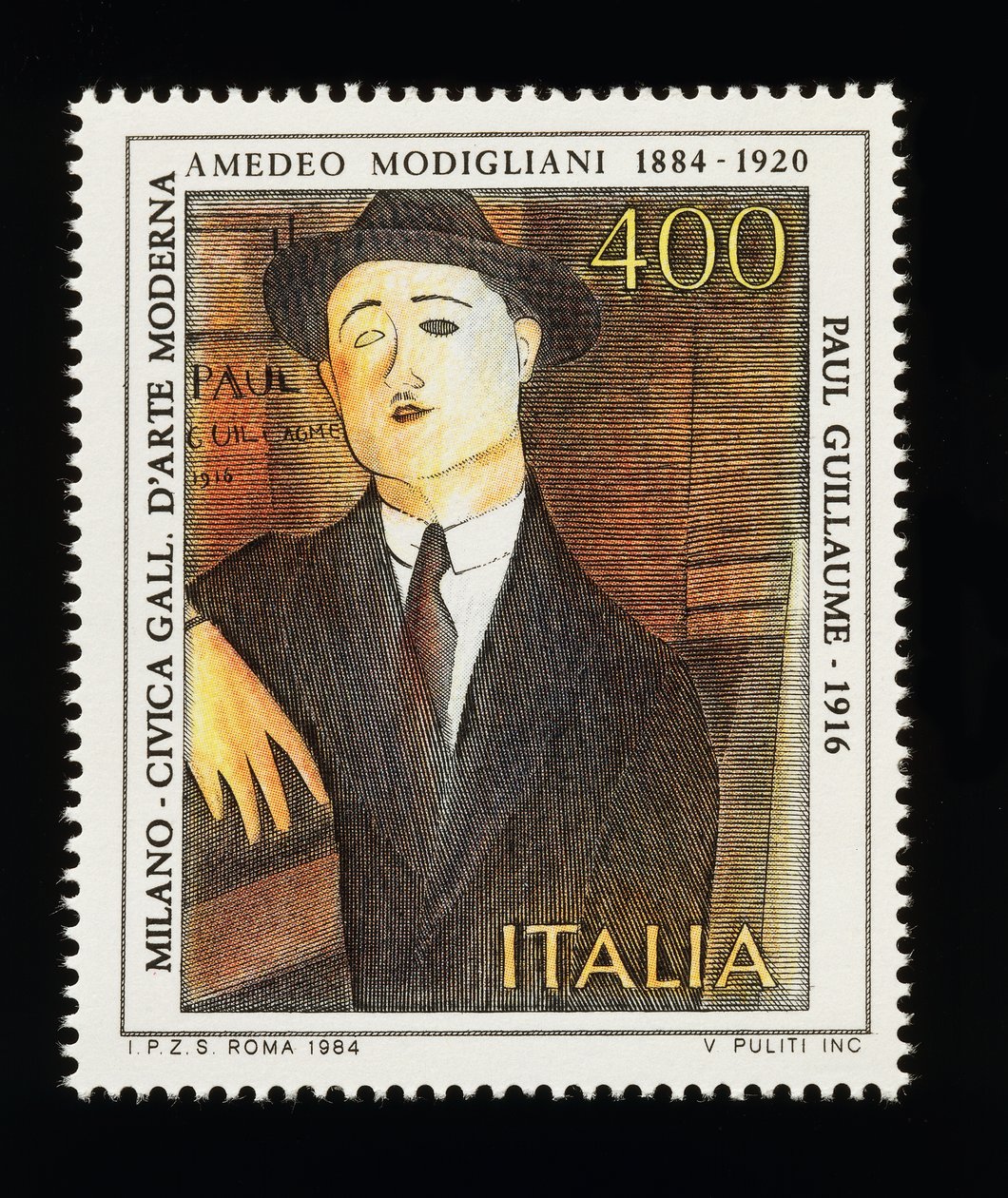 Postai bélyeg az olasz művészeti sorozatból Amedeo Modigliani (1884-1920) tiszteletére, Paul Guillaume portréja (1916), 400 lírás bélyeg alkotó: Amadeo (after) Modigliani