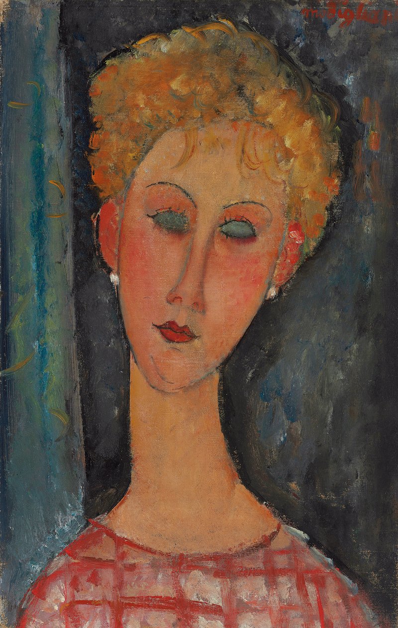 szőke nő göndör hajjal; A fülbevalós szőke, 1918-1919 körül alkotó: Amedeo Modigliani